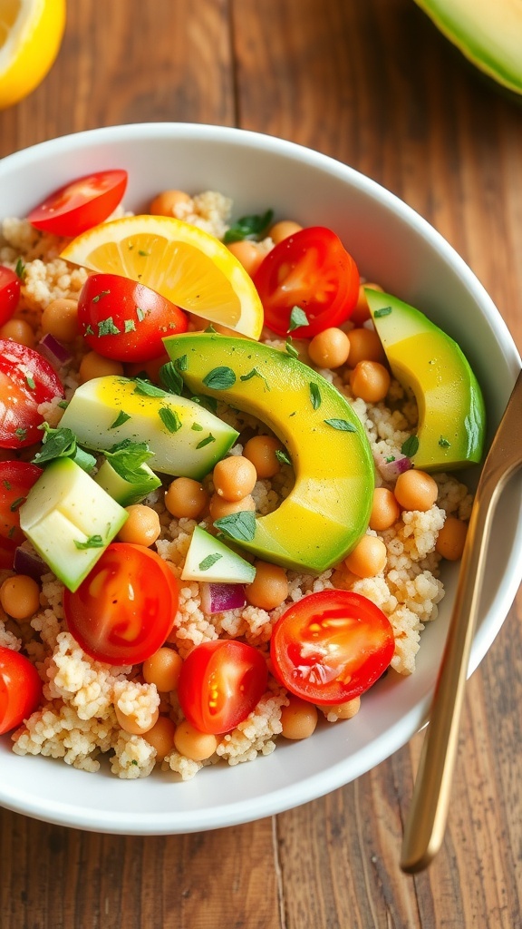 A healthy quinoa bowl with cherry tomatoes, cucumber, avocado, and chickpeas, garnished with herbs on a wooden table.